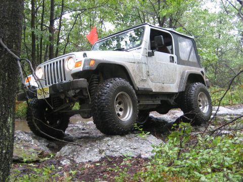 2002 Jeep Wrangler - This 2002 Jeep Wrangler navigates a rocky, wooded path, showing its off-road capabilities.