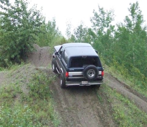 1988 Ford Bronco - Rear view of a dark full-size Ford Bronco with a hardtop and a swing-away spare tire carrier, climbing a rutted dirt berm on a wooded off-r…