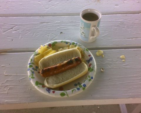 1989 Ford Bronco - A paper plate holds a hot dog and chips, with a mug of coffee nearby on a white wooden picnic table.