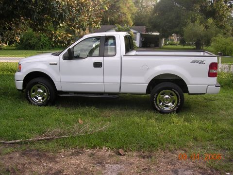 2006 Ford F-150 - A white Ford F-150 pickup truck is parked on a grassy area with trees and houses in the background.