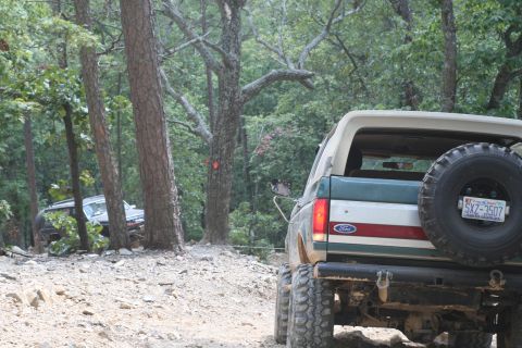 1990 Ford Bronco - Two Ford Broncos navigate a wooded trail on a sunny day.