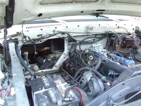 1979 Ford Bronco - The engine bay of a white 1979 Ford Bronco is visible with the hood open, revealing various mechanical parts.