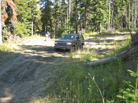 1995 Ford Bronco - A 1995 Ford Bronco navigates a wooded dirt path.