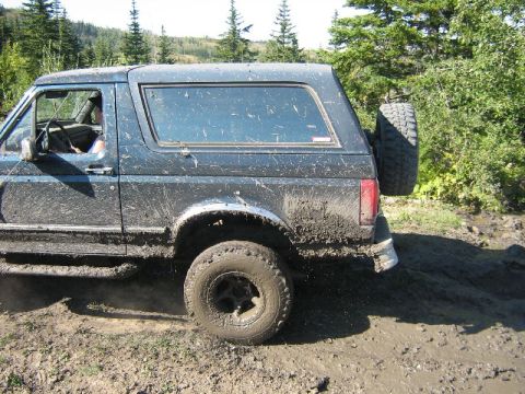 1995 Ford Bronco - Muddy 1995 Ford Bronco navigating a challenging off-road trail.