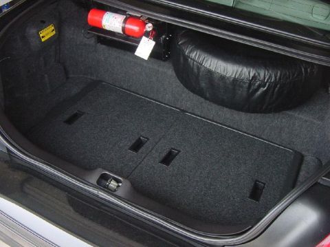 2003 Ford Crown Victoria - The trunk of a car contains a spare tire and a mounted fire extinguisher.