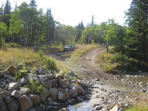 1995 Ford Bronco - An SUV navigates a challenging off-road path through a wooded area with a stream nearby.