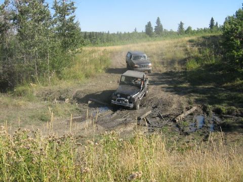 1995 Ford Bronco - Two SUVs navigate a challenging muddy trail with dense trees and dry grass surrounding the path.