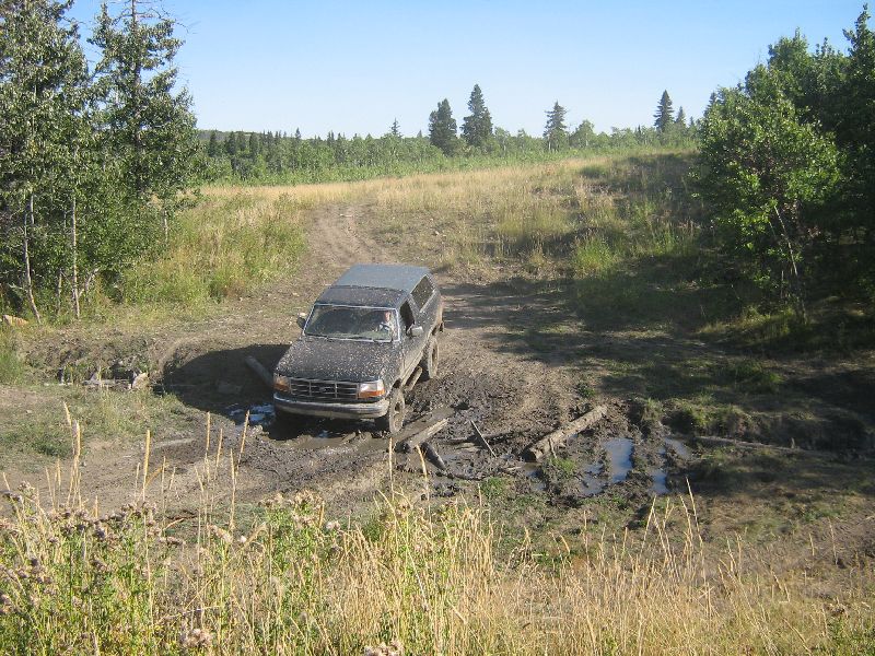 Dark gray Ford Bronco navigating a muddy trail with logs