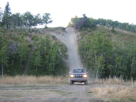 1995 Ford Bronco - Ford Bronco navigates a challenging dirt incline surrounded by dense foliage.
