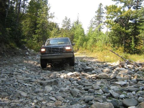 1995 Ford Bronco - A dark Ford Bronco navigates a challenging rocky path through a dense forest.