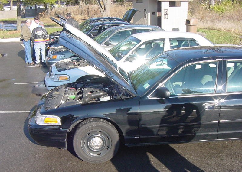 Black Ford Crown Victoria with hood open at a lot meet, row of Crown Vics behind