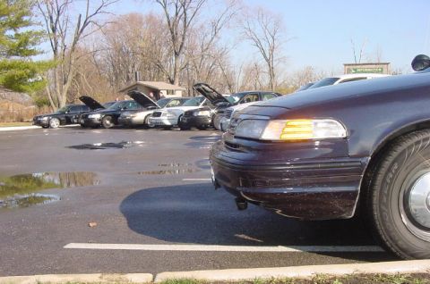 2003 Ford Crown Victoria - A row of Ford Crown Victorias, some with hoods open, are parked in a lot under a clear sky.