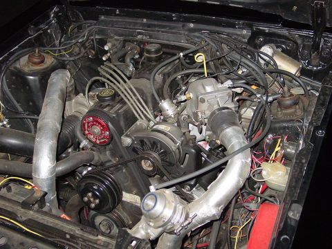 1986 Ford Mustang - Engine bay view of a modified Ford 5.0L V8, likely from a Mustang, showing turbocharger components.