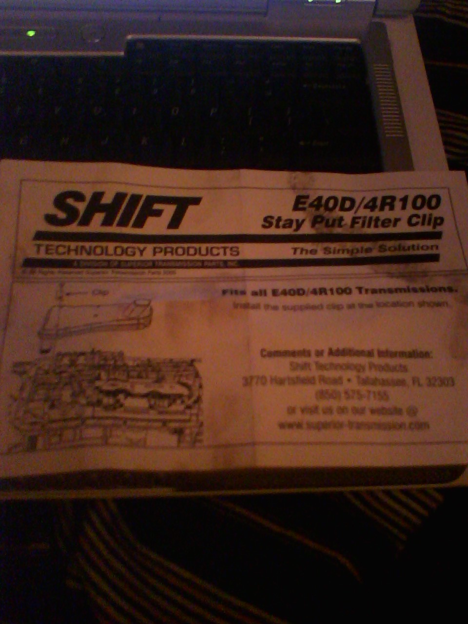 Shift Technology Products E40D/4R100 Stay Put Filter Clip instruction sheet with clip location drawing