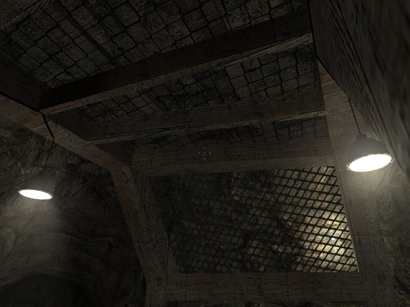 Dimly lit room with exposed beams, wire mesh ceiling, and industrial lamps