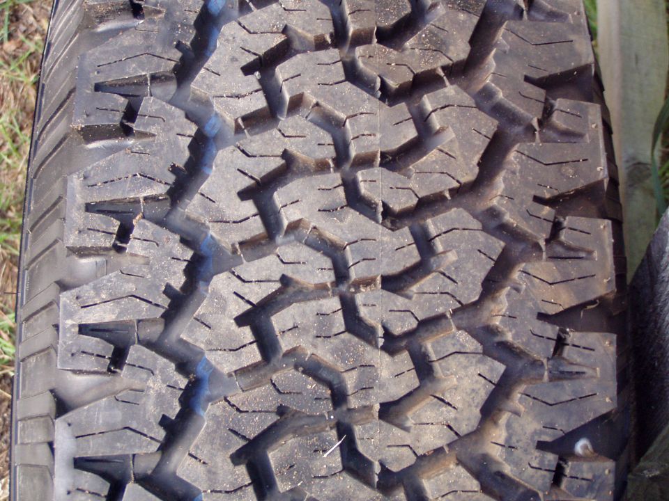 Close-up of an all-terrain tire tread with dirt in the grooves