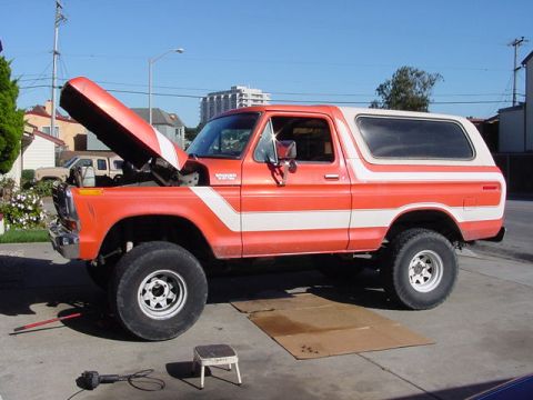 1979 Ford Bronco - This Ford Bronco is parked outside with its hood open, suggesting it is undergoing maintenance or repair.