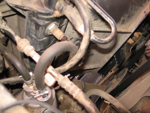 1995 Ford Bronco - This image shows various engine components, including hoses and a drive belt, in a dirty engine compartment.