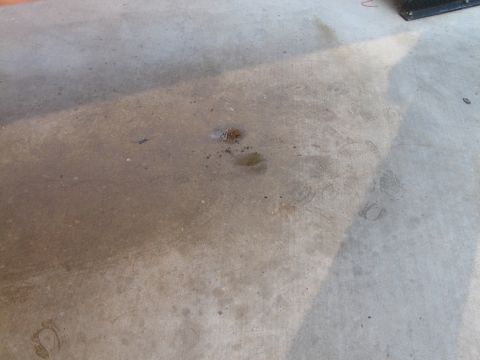1995 Ford Bronco - A concrete floor shows evidence of fluid leaks and tire marks, suggesting a vehicle was present.