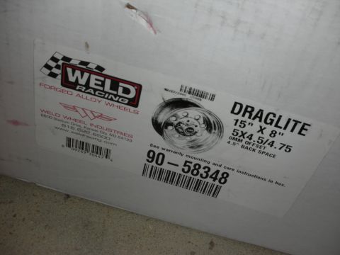 1998 Ford Crown Victoria - Weld Racing product box spec label listing Draglite wheel size, bolt pattern, offset, and part number.