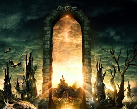 2001 Ford Crown Victoria - Fantasy scene depicting a stone archway leading to a distant castle under a dramatic sky.