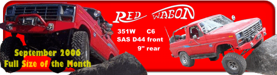 Two red SUVs, one on left with front end up, other on right tilted on rocks. Text says 'RED WABON' and 'September 2006 Full Size of the Month'