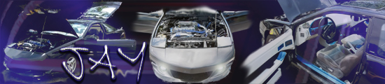 Collage of car parts: engine bay, interior, and front view. Text 'JAY' overlaid