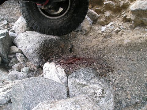 1993 Ford Bronco - A vehicle's tire is positioned over rocks, with a dark, reddish substance visible on the ground.
