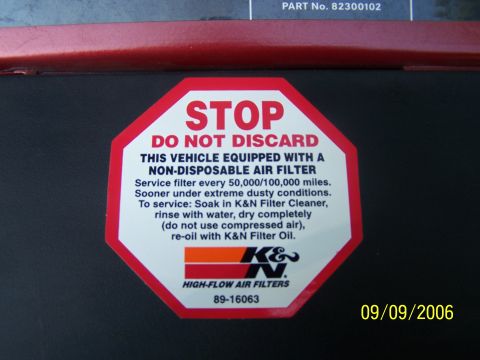 1979 Ford F-150 - Sticker provides instructions for servicing a K&N non-disposable air filter.