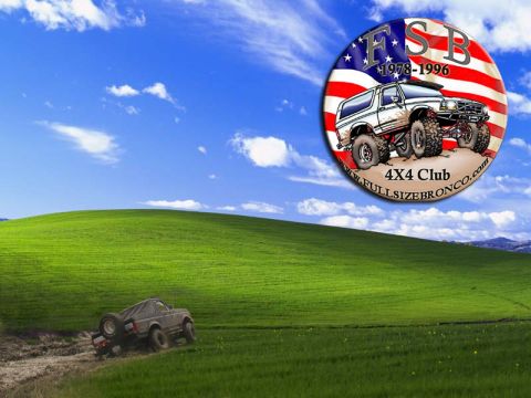 1988 Ford Bronco - Digital wallpaper composite placing a mud-covered lifted full-size Ford Bronco cutting a rutted track across the green Windows XP "Bliss" h…