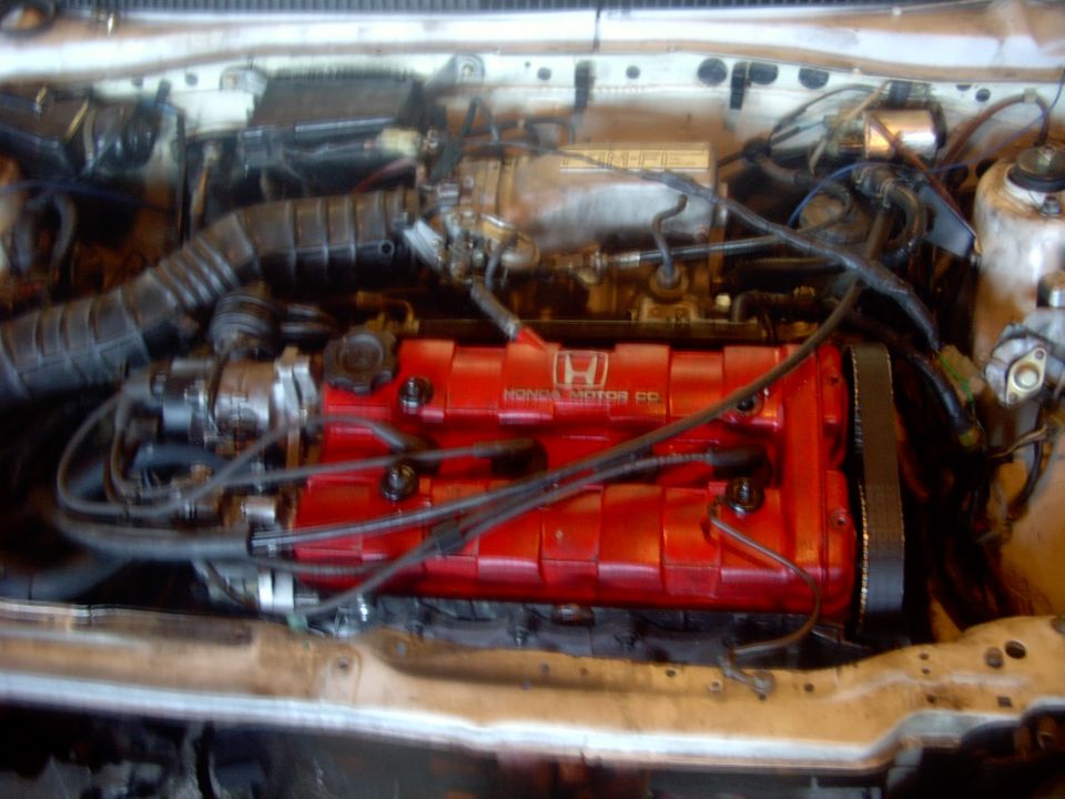 Honda engine bay with red valve cover reading HONDA MOTOR CO and black spark plug wires