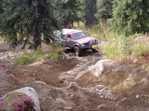 2000 Ford E350 - A red and gray pickup truck navigates a challenging off-road trail surrounded by trees and foliage.