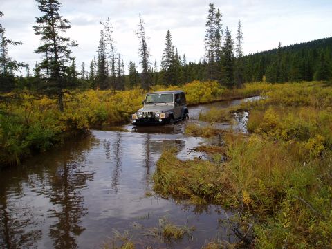 2000 Ford E350 - A gray Jeep Wrangler navigates a water crossing surrounded by autumn foliage and evergreen trees.
