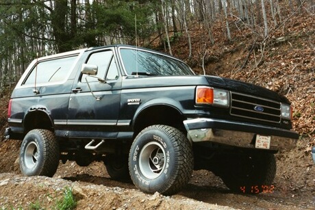 Dark blue lifted Ford Bronco on a dirt bank in winter woods, front three-quarter