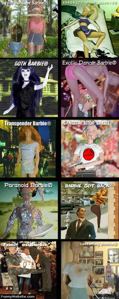 1999 Ford Crown Victoria - This image is a collage of various parodies of Barbie dolls, each with a humorous or satirical label.