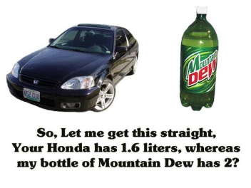 1999 Ford Crown Victoria - A Honda Civic is shown next to a bottle of Mountain Dew, with text comparing their volumes.