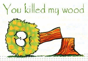 1999 Ford Crown Victoria - A cartoon depicts a tree lamenting its fate after being cut down, with a SuperMotors logo at the bottom.