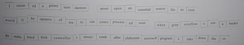 Document with text boxes containing phrases like 'i smear ed a greasy hairy daemon' and 'do stable hard disk controller'