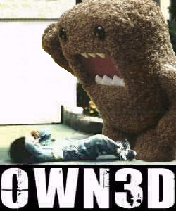 1999 Ford Crown Victoria - A Domo-kun plush toy appears to have 'owned' a person lying on the ground, with website text visible.