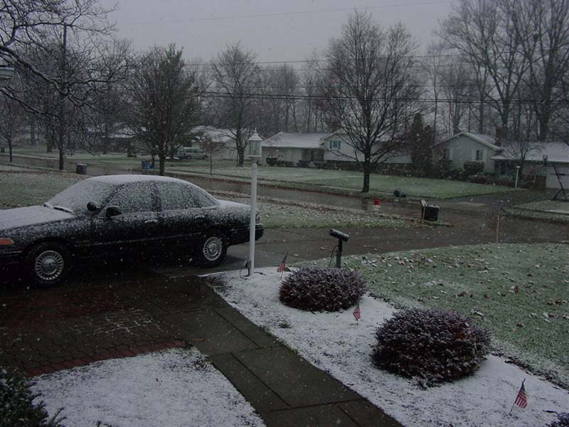 Black sedan covered in snow, parked on a driveway in a suburban neighborhood during a snowfall