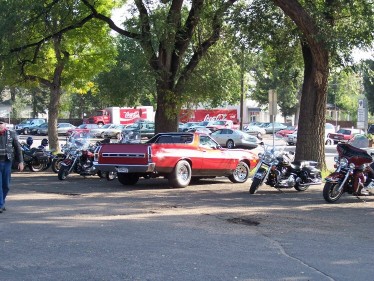 1972 Ford Ranchero - 1972 Ford Ranchero pickup truck and motorcycles at a charity event.