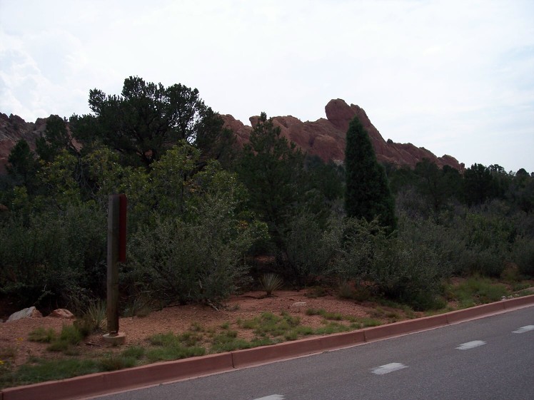rock formations and trees next to a road with a curb
