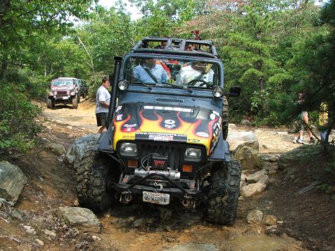 1996 Ford Bronco - An off-road vehicle navigates a challenging dirt path surrounded by lush greenery.