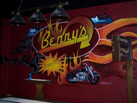 1972 Ford Ranchero - Mural depicts a motorcycle and the text 'Benny's Since 1953' on a red wall.
