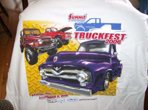 1970 Ford Ranchero - Artwork on a t-shirt depicts multiple trucks, including a purple 1950s pickup, a red Jeep, and a red pickup truck.