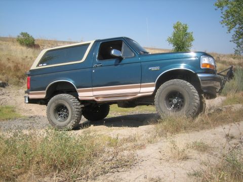 1995 Ford Bronco - This 1995 Ford Bronco is shown off-road with its tan removable top and side trim.
