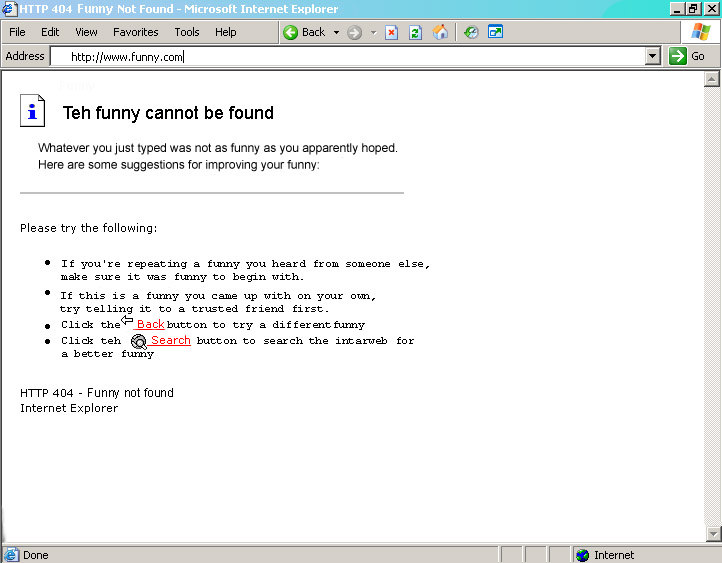 Screenshot of a "Teh funny cannot be found" error page from Internet Explorer