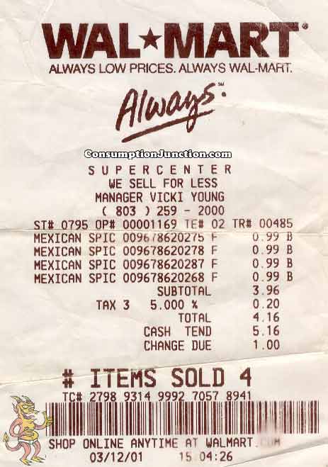 1999 Ford Crown Victoria - This Walmart receipt shows a purchase made on March 12, 2001, detailing items, tax, and the total amount paid.