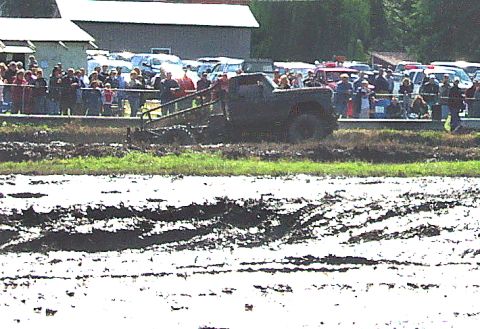 1979 Ford Bronco - A dark pickup truck struggles through a mud bog while spectators observe from a nearby embankment.