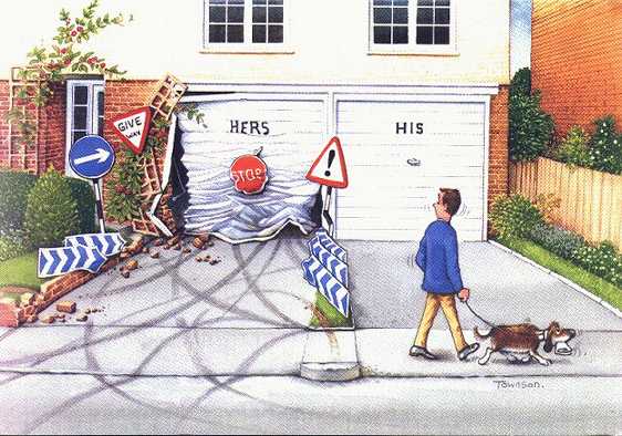 Man walks dog past garage doors, one of which is damaged. Signs indicate traffic control